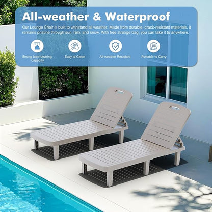 WACASA Outdoor Chaise Lounge Chairs Set of 4, Oversized Lounge Chairs with 5-Level Adjustable Backrest & Cup Holder, Resin Waterproof Pool Lounge Chair for Poolside, Patio, Beach, Yard, Gray