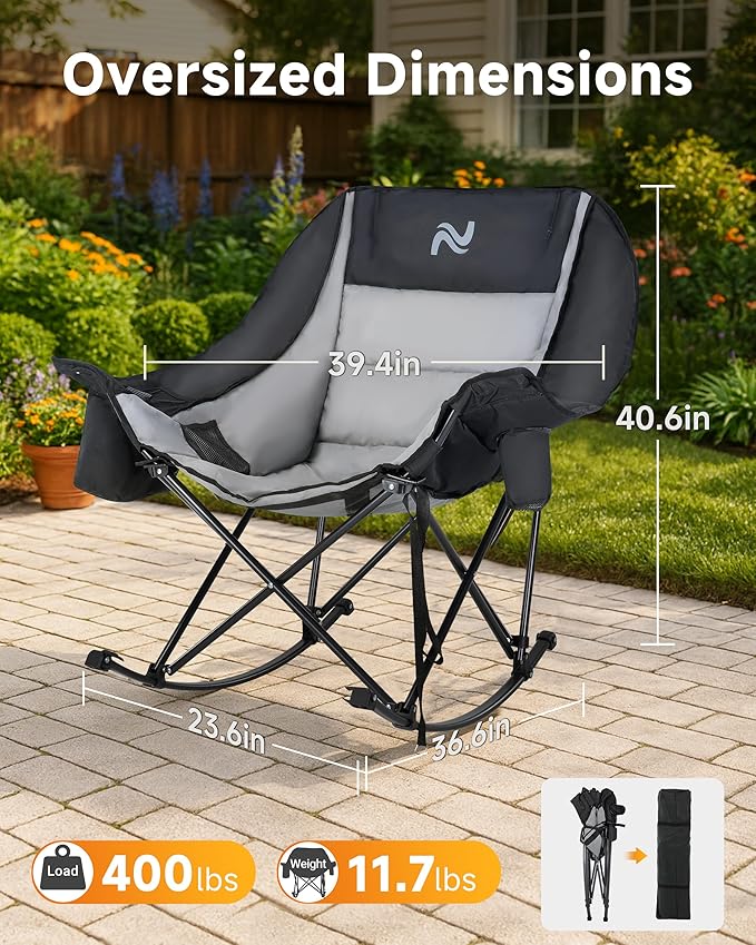 Slsy Oversized Rocking Camping Chair for Adults, 400 lbs Heavy Duty Padded Recliner with Side Pocket, Cup Holder & Carry Bag, Foldable Outdoor Lawn Chair for Patio, Backyard, or Camp