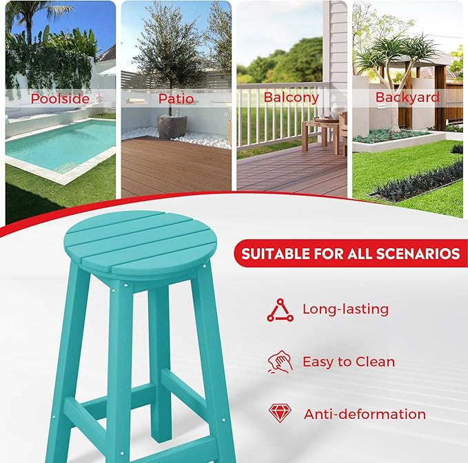 Costaelm 24" Height Outdoor Bar Stools, All-Weather Bar Stools, Adirondack Poly Patio Round Bar Stool for Patio, Deck, Kitchen Counter and Garden, Turquoise