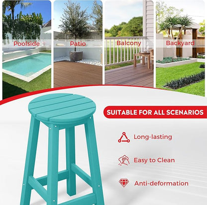 Costaelm 24" Height Outdoor Bar Stools, All-Weather Bar Stools, Adirondack Poly Patio Round Bar Stool for Patio, Deck, Kitchen Counter and Garden, Turquoise