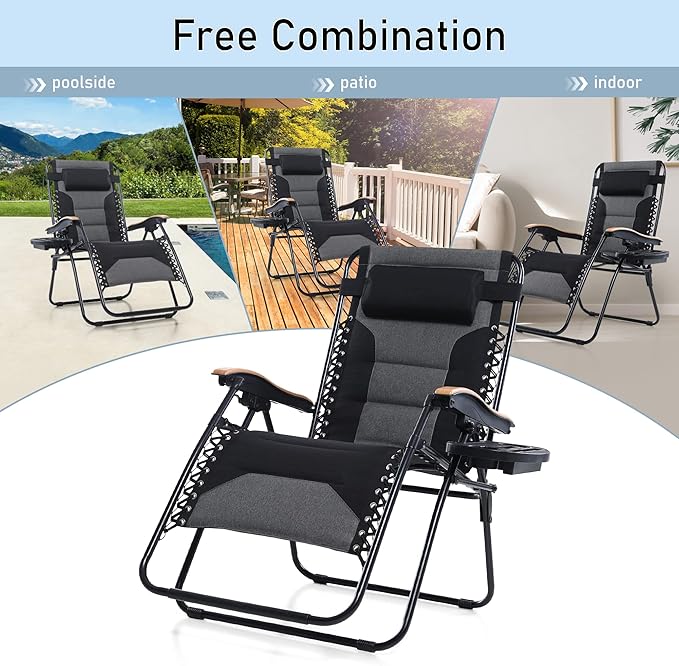 PHI VILLA XXL Oversized Padded Zero Gravity Chair Set of 2, Foldable Patio Recliner - Photo 7