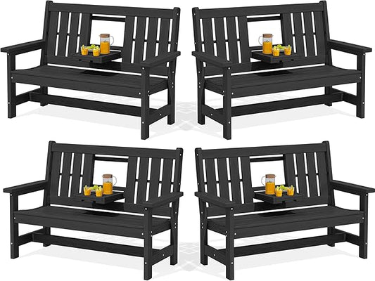 SERWALL Outdoor Bench with Cup Holder, 58" HDPE Garden Park Bench Suitable for 3 Person, All Weather Patio Benches with High Backrest and Wide Armrests for Garden, Park, Yard, Front Porch, Black