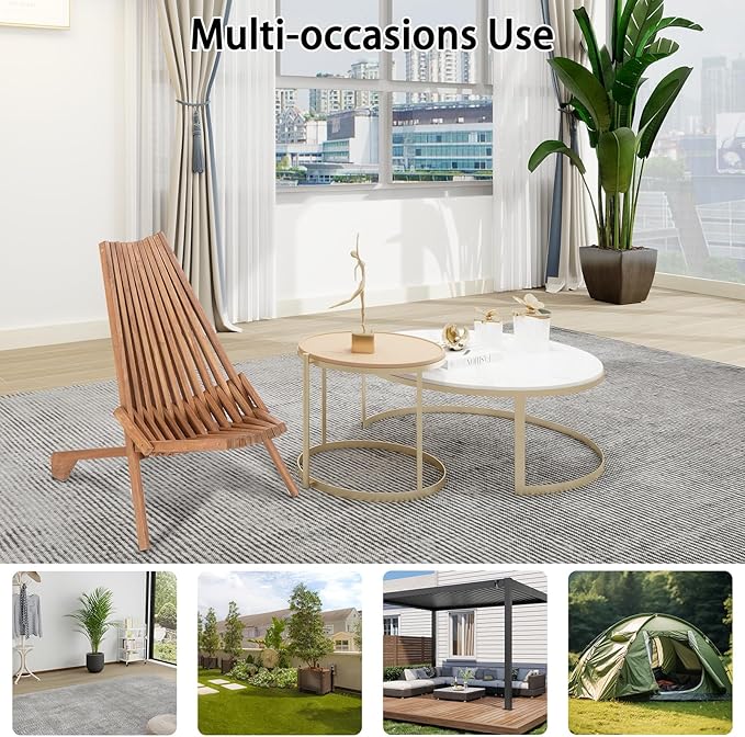 Wooden Folding Chair for Outdoor - Low Profile Acacia Wood Lounge Chair with FSC Certified - Fully Assembled Outdoor Foldable Chairs for Patio, Porch, Pool Deck, Lawn, Garden - Espresso