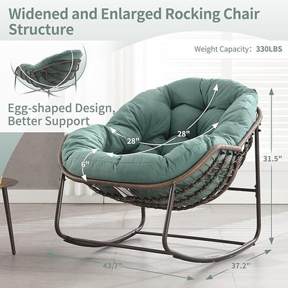 HOMEFUN Outdoor Patio Rocking Chairs, Oversized Papasan Rock Chair Indoor with Padded Cushion - Rocker Egg for Front Porch, Garden, Backyard Green
