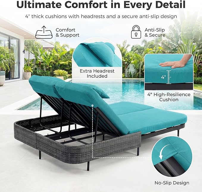BULEXYARD 51.2" Double Chaise Lounge Outdoor, 2-Person PE Wicker Patio Daybed with Dual 5-Position Adjustable Backrest - Photo 6