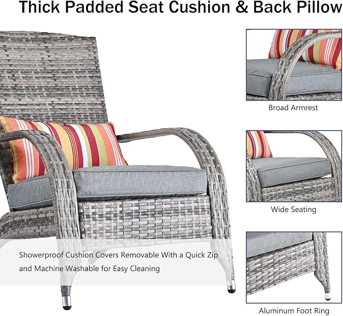 Outdoor Wicker Adirondack Chairs Set 2 Rattan Fire Pit Chairs Oversized Comfy Relax Accent Patio Chairs with Soft Cushion Low Deep Seating Tall Curved Backrest for Outside Backyard Deck Porch Grey