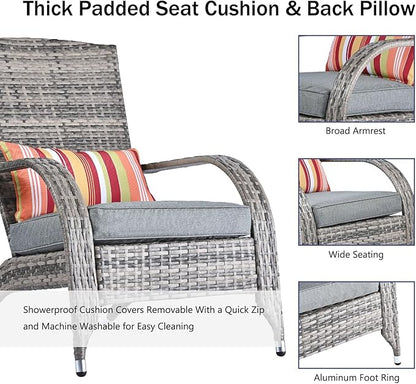 Outdoor Wicker Adirondack Chairs Set 2 Rattan Fire Pit Chairs Oversized Comfy Relax Accent Patio Chairs with Soft Cushion Low Deep Seating Tall Curved Backrest for Outside Backyard Deck Porch Grey