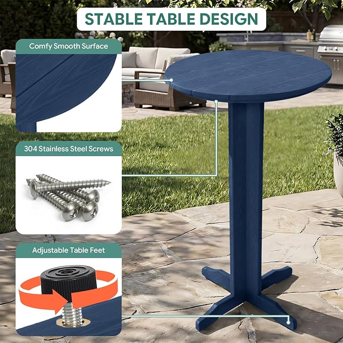 Outdoor Round Bar Table, 43 Inch All-Weather HDPE Bar Height Pub Table with Adjustable Feet, Heavy Duty High Top Bistro Table for Garden, Deck, Poolside,Backyard (Navy Blue)