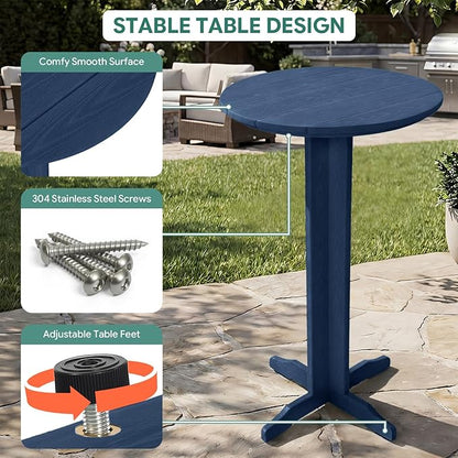 Outdoor Round Bar Table, 43 Inch All-Weather HDPE Bar Height Pub Table with Adjustable Feet, Heavy Duty High Top Bistro Table for Garden, Deck, Poolside,Backyard (Navy Blue)