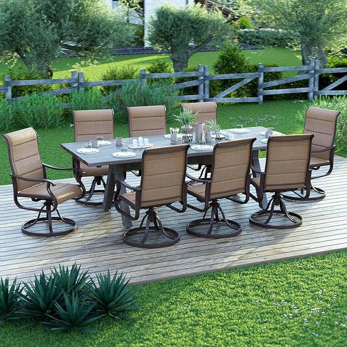 Amopatio Padded Patio Swivel Chairs Set of 8, Outdoor Dining Chairs with Ultra Soft Textilene High Back Seat & Metal Rocker Frame, for Backyard Deck Lawn Garden, Brown