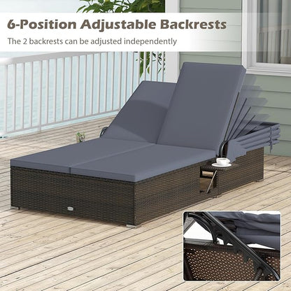 RELAX4LIFE Outdoor Rattan Daybed w/Canopy - Wicker Double Chaise Lounge w/6-Position Backrest, Folding Side Trays & Cushion, 2-Seater Loveseat Sunbed for Backyard, Patio Rattan Bed Lounger (Gray)