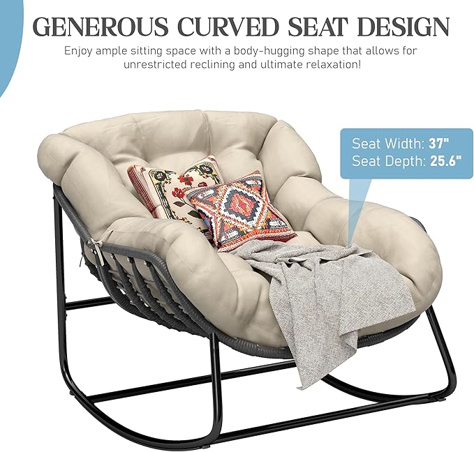 Fancyango Oversized Egg Rocking Chair for Indoor/Outdoor – All-Weather Wicker Rattan Lounge Chair with Cushion, Patio Rocker for Porch, Garden, or Balcony (Beige, 37''Dx37.4''Wx31.5''H)
