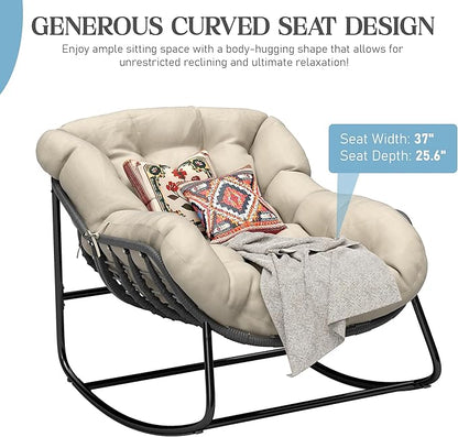 Fancyango Oversized Egg Rocking Chair for Indoor/Outdoor – All-Weather Wicker Rattan Lounge Chair with Cushion, Patio Rocker for Porch, Garden, or Balcony (Beige, 37''Dx37.4''Wx31.5''H)