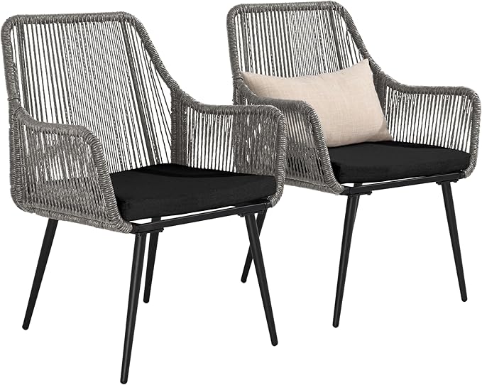 Patio Dining Chairs, Outdoor Dining Chairs with Armrest & Cushion Set of 2, All-Weather Woven Twisted Wicker Rattan Chair, Modern Indoor Outdoor Seating for Garden Lawn Backyard Grey