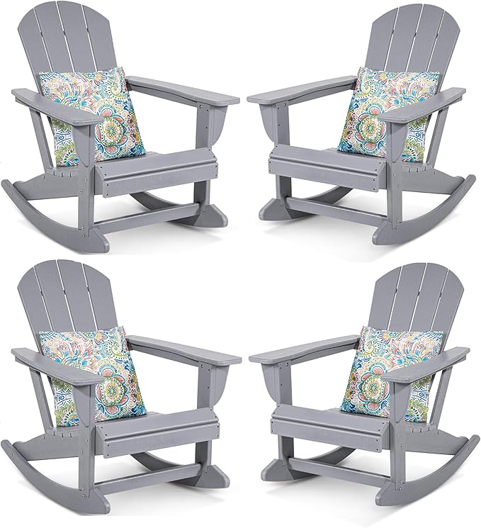 Sundale Outdoor Rocking Chair Set of 4 with Pillow, Patio Plastic All Weather Adirondack Rocker for Proch, Water Resistant for Outside, Garden, Pool, Yard, Grey
