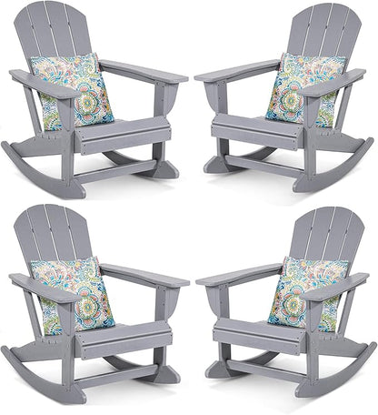 Sundale Outdoor Rocking Chair Set of 4 with Pillow, Patio Plastic All Weather Adirondack Rocker for Proch, Water Resistant for Outside, Garden, Pool, Yard, Grey