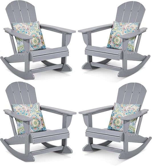 Sundale Outdoor Rocking Chair Set of 4 with Pillow, Patio Plastic All Weather Adirondack Rocker for Proch, Water Resistant for Outside, Garden, Pool, Yard, Grey