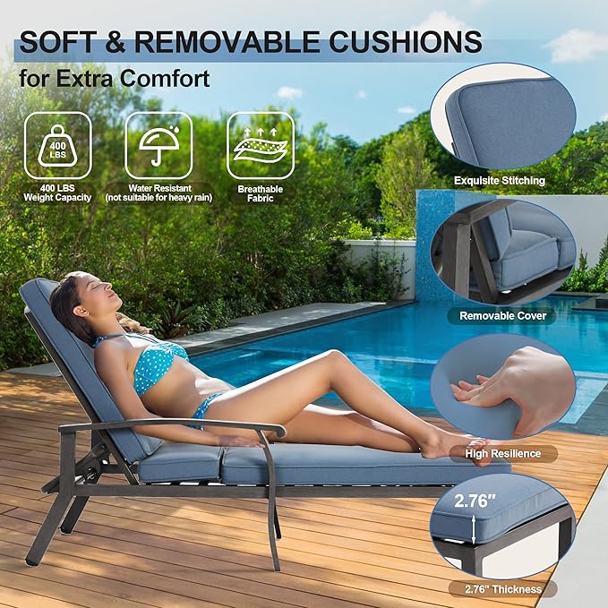 Chaise Lounge Chair Outdoor with Wheels, Cast Aluminum Tanning Chair with Navy/Blue Cushion - Photo 4