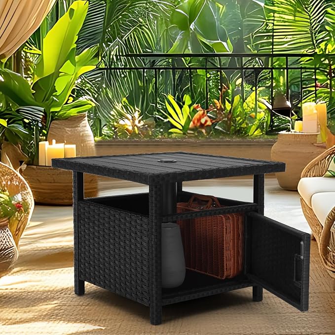 Outdoor Patio Umbrella Side Table with Umbrella Hole Small Wicker Coffee Table with Storage & 2 Weight Bags for Outside - Photo 4