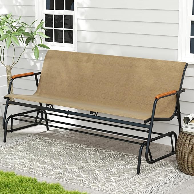 Giantex Patio Glider, 3-Person Swing Gliding Loveseat with Curved Teak Armrests, Fabric Seat, Metal Frame, Load 990lbs - Photo 2