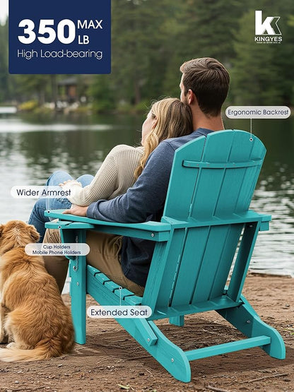 KINGYES Folding Adirondack Chair Set of 4, Dual Cup Holders & All-Weather HDPE, Wood-Like Patio Chair for Backyard, Camping, Pool & Fire Pit, Aruba