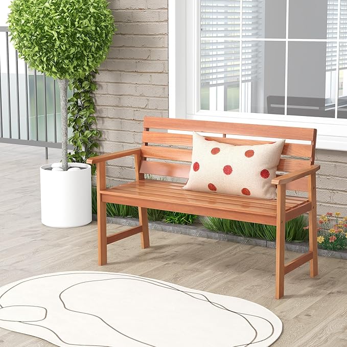 Tangkula 48 Inch Hardwood Outdoor Bench with Backrest, Wood Patio Loveseat Chair with Breathable Slatted Seat & Backrest, Ergonomic Outside Bench for Backyard, Balcony, Garden & Porch