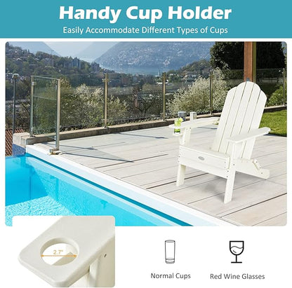 Tangkula Outdoor Folding Adirondack Chair, HDPE Armchairs with Cup Holder, Weather Resistant Lounger Chair for Patio Garden Fire Pit Backyard, Lawn Porch Seating, Adirondack Lounger (4, White)