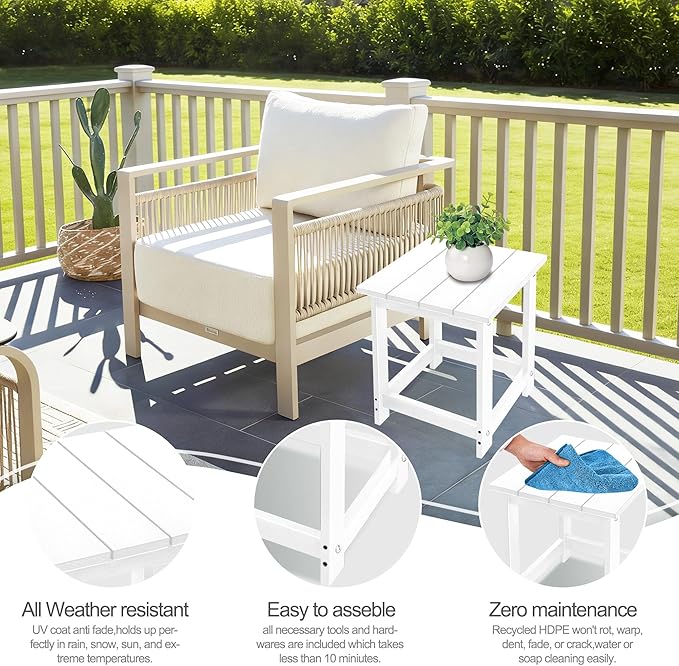 LZRS Adirondack Square Outdoor Side Table for Patio, Pool Composite Patio Table,HDPE End Tables for Backyard,Pool, Indoor Companion, Easy Maintenance & Weather Resistant(White)