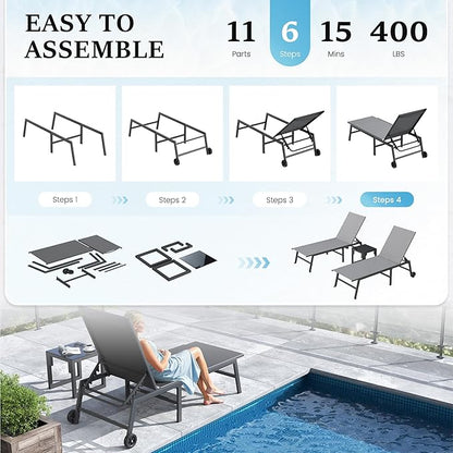 UDPATIO Patio Lounge Chair with Wheels 2 Pieces Outdoor Chaise Lounge with Side Table 5 Adjustable Position Recliner for Patio, Beach, Yard, Pool