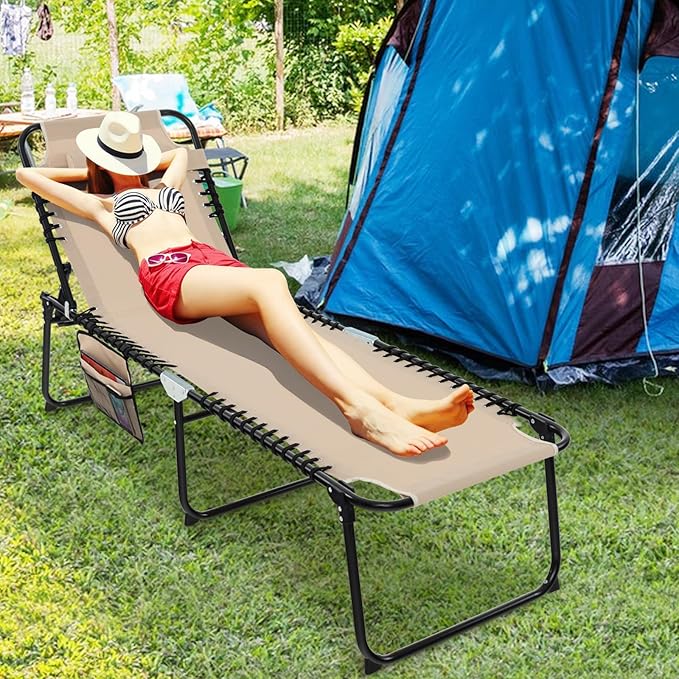 Giantex Patio Lounge Chairs for Outside - Folding Tanning Chair w/Headrest, 4 Adjustable Positions, Side Pocket, Outdoor Chaise Lounge for Camping, Pool, Sunbathing Beach Chair, Beige