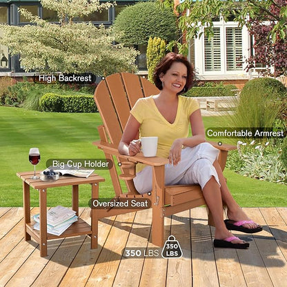 nalone Folding Adirondack Chairs Set of 2 with Cushion with Cup Holder, HDPE Plastic Oversized Patio Chair Weather Resistant, Used in Outdoor, Fire Pit, Deck, Garden, Campfire Chairs (Teak)