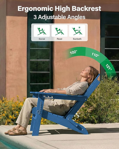 YEFU Adirondack Chair Set of 4 for Outdoor: Folding Plastic Composite Chair with Cup Holder for Patio - All-Weather Foldable Adjustable HDPE Fire Pit Adirondack Chairs - Modern Wood Texture