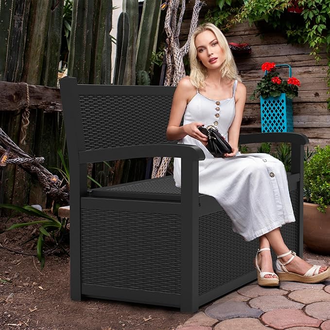 Vixzen 80 Gallon Outdoor Storage Bench Deck Box, Lockable All-Weather Resin Seating with Hidden Storage, Waterproof Patio Furniture for Garden, Pool, Black