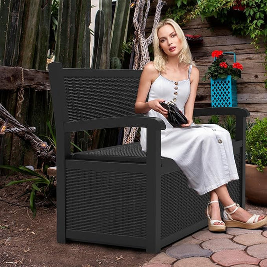 Vixzen 80 Gallon Outdoor Storage Bench Deck Box, Lockable All-Weather Resin Seating with Hidden Storage, Waterproof Patio Furniture for Garden, Pool, Black