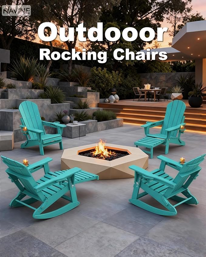 Adirondack Rocking Chair with Retractable Ottoman, All Weather Folding Adirondack Chair with Two Cup Holders, Adirondack Outdoor Rocking Chairs for Porch, Patio, Balcony. Lake Blue