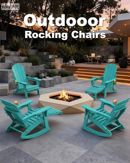 Adirondack Rocking Chairs Set of 6 with Retractable Ottoman, All Weather Folding Adirondack Chair with Two Cup Holders, Adirondack Outdoor Rocking Chairs for Porch, Patio, Balcony. Lake Blue