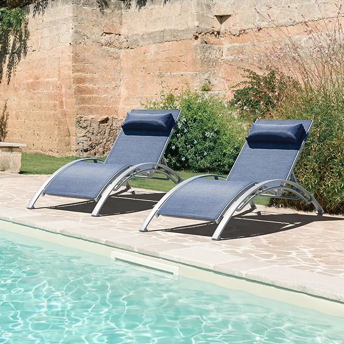 Domi Pool Lounge Chairs Set of 2, Aluminum Adjustable Outdoor Chaise Lounge, All Weather Poolside Chairs for Deck Lawn Poolside, Textilene (Navy Blue)