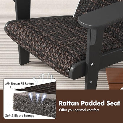 Tangkula Patio Wicker Adirondack Chair, HDPE Lounge Chair w/Rattan Padded Seat & Back, Wide Armrests & Hidden Cupholder, Outdoor All-Weather Adirondack Fire Pit Chair for Backyard, Lawn (1, Black)