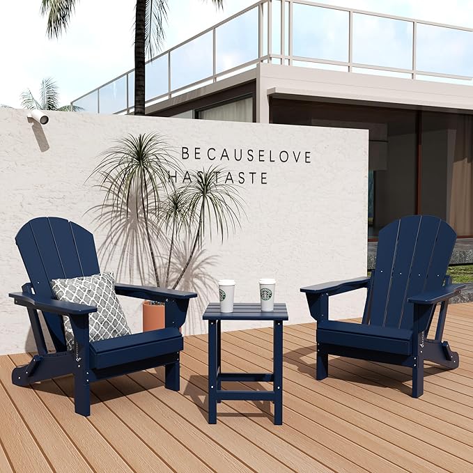 WO WESTIN OUTDOOR HDPE Laguna Outdoor Poly Adirondack Chair with Side Table, Navy Blue