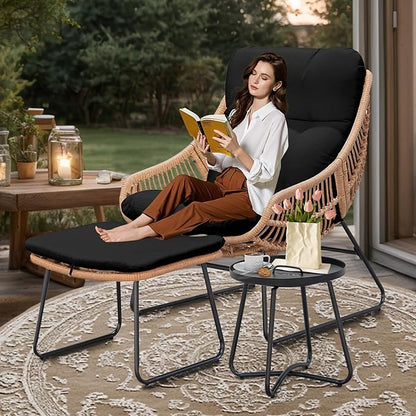 Outdoor Wicker Papasan Egg Chair with Ottoman, Patio Basket Lounge Chair Indoor Egg-Shaped Rattan Reading Lounger with Thick Cushion and Table for Living Room Bedroom Balcony Porch, Black
