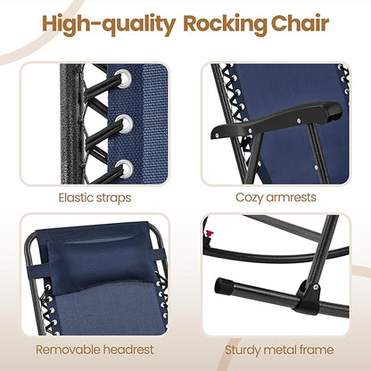 Yaheetech 26in Rocking Chair Outdoor Zero Gravity Folding Chairs Rocking Chairs Foldable Outdoor Lounge Chair for Outside Lawn with Cupholder/Pillow Ergonomic Design for Rest, Navy Blue, Set of 1