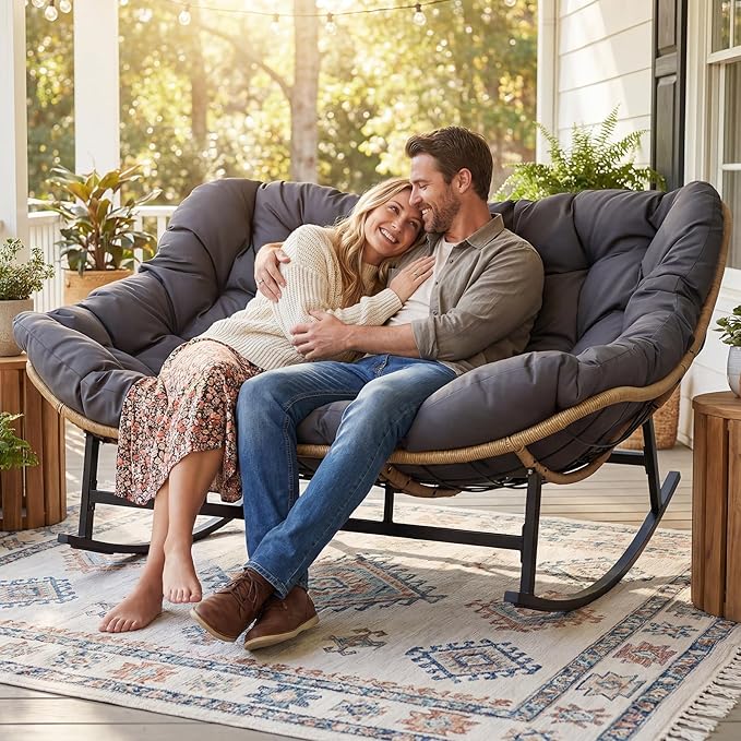 RADIATA Oversized Double Papasan Rocking Chair, Extra Large Recliner Glider with Cozy Cushion, 2 Person Egg Lounger Chairs, PE Wicker Big Loveseat for Indoor Outdoor Porch Patio, Dark Grey