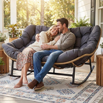 RADIATA Oversized Double Papasan Rocking Chair, Extra Large Recliner Glider with Cozy Cushion, 2 Person Egg Lounger Chairs, PE Wicker Big Loveseat for Indoor Outdoor Porch Patio, Dark Grey