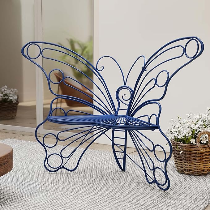 Navy Blue Cute Butterfly Benches for Outdoors, Pretty Garden Bench & 50" Metal Outside Bench, Front Porch Benches Outdoor with Sturdy Frame for Lawn Yard Balcony (Navy Blue)