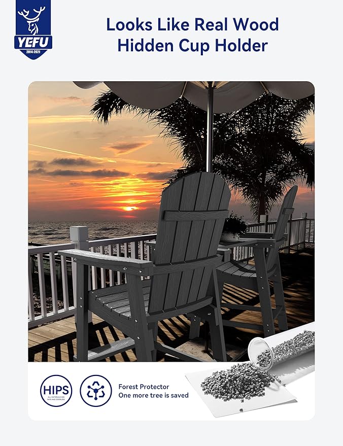 YEFU Balcony Chair, Tall Adirondack Chair Set of 2 with Connecting Tray, Poly Lumber Adirondack Chair Bar Stools, Patio Stools, 380lbs, Weather Resistant for Outdoor Deck Lawn Pool Backyard-Grey