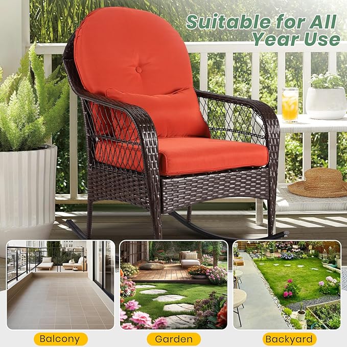 LVUYOYO Outdoor Wicker Rocking Chair, Patio Rattan Rocker Chair with Cushions, Rocking Wicker Furniture for Deck, Porch, Garden, Backyard (Orange Red)