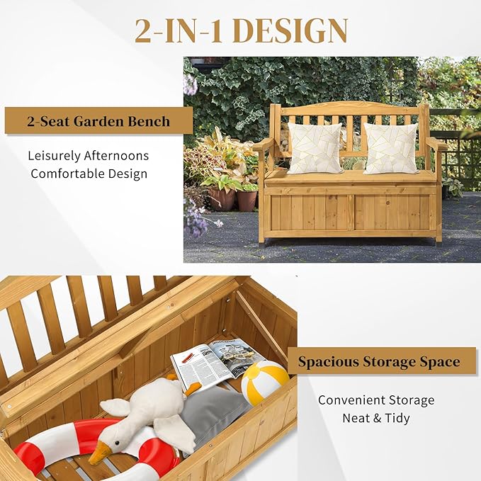 44" Large Wood Deck Box,Outdoor Garden Storage Container,Wooden Outdoor Patio Storage Bench,Patio Furniture Storage Bench,with Backrest & Armrest,for Porch Yard Lawn Poolside Backyard (Yellow)