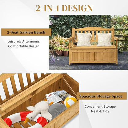 44" Large Wood Deck Box,Outdoor Garden Storage Container,Wooden Outdoor Patio Storage Bench,Patio Furniture Storage Bench,with Backrest & Armrest,for Porch Yard Lawn Poolside Backyard (Yellow)