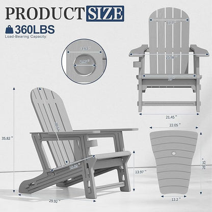 Vongrasig Adirondack Chairs Set of 2 with Removable Tabletop, All-Weather HDPE Outdoor Chair Set with Wooden Textured, Cup Holder for Patio, Poolside, Deck, Garden, Light Grey