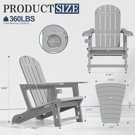 Vongrasig Adirondack Chairs Set of 2 with Removable Tabletop, All-Weather HDPE Outdoor Chair Set with Wooden Textured, Cup Holder for Patio, Poolside, Deck, Garden, Light Grey